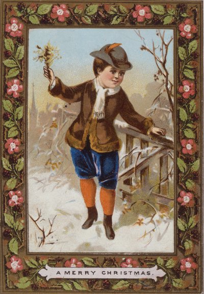 Weihnachtskarte, die einen Jungen im Schnee zeigt von English School